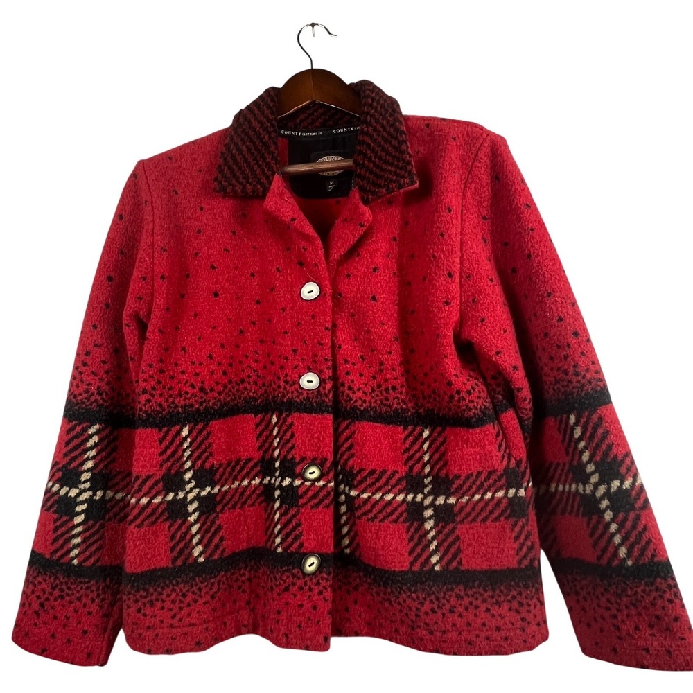 County Clothing Co Women's L Vtg Wool Feel Jacket Coat Button Plaid Canada Red